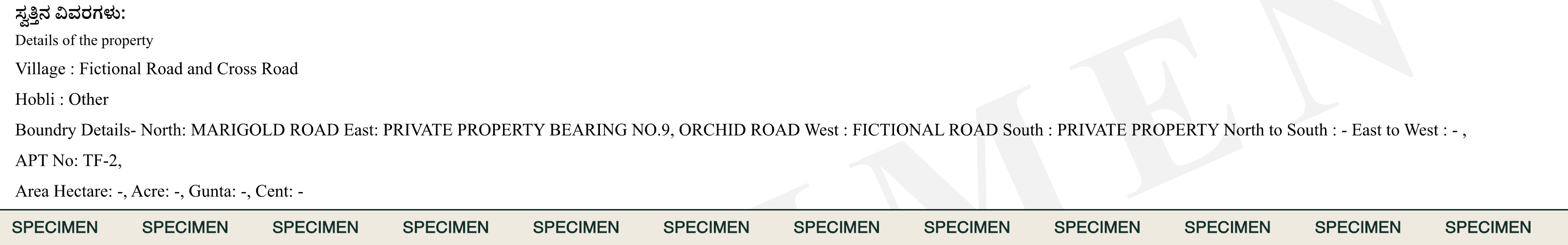 Property description section listing village, hobli, boundary details naming the roads and adjoining properties on each side, apartment number and area. Labelled SPECIMEN, not a real certificate.