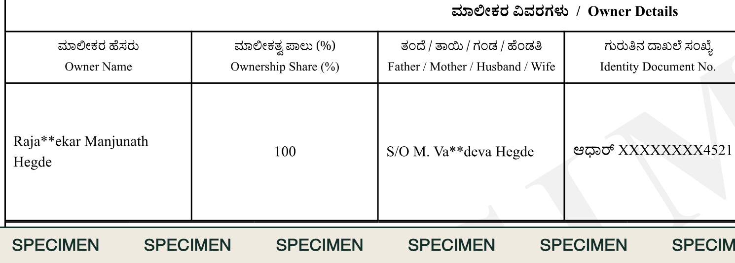 Owner details section listing the owner name, an ownership share of 100 percent, the father name, and a masked Aadhaar number ending 4521. Labelled SPECIMEN, not a real certificate.