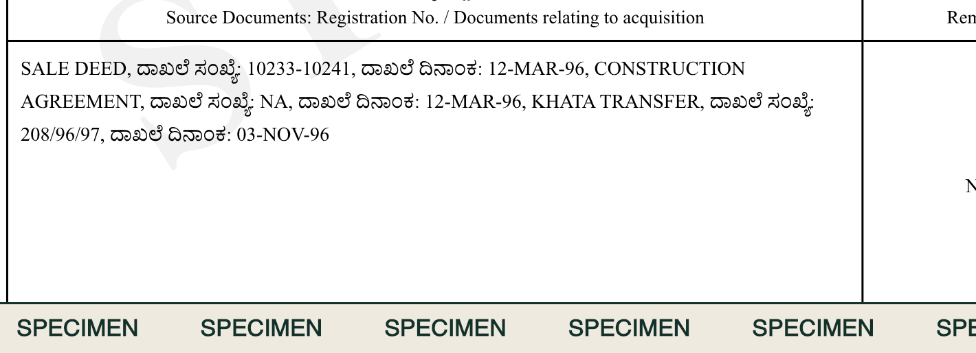 Source documents field listing a sale deed numbered 10233-10241 dated 12 March 1996, a construction agreement, and a khata transfer numbered 208/96/97 dated 3 November 1996. Labelled SPECIMEN, not a real certificate.